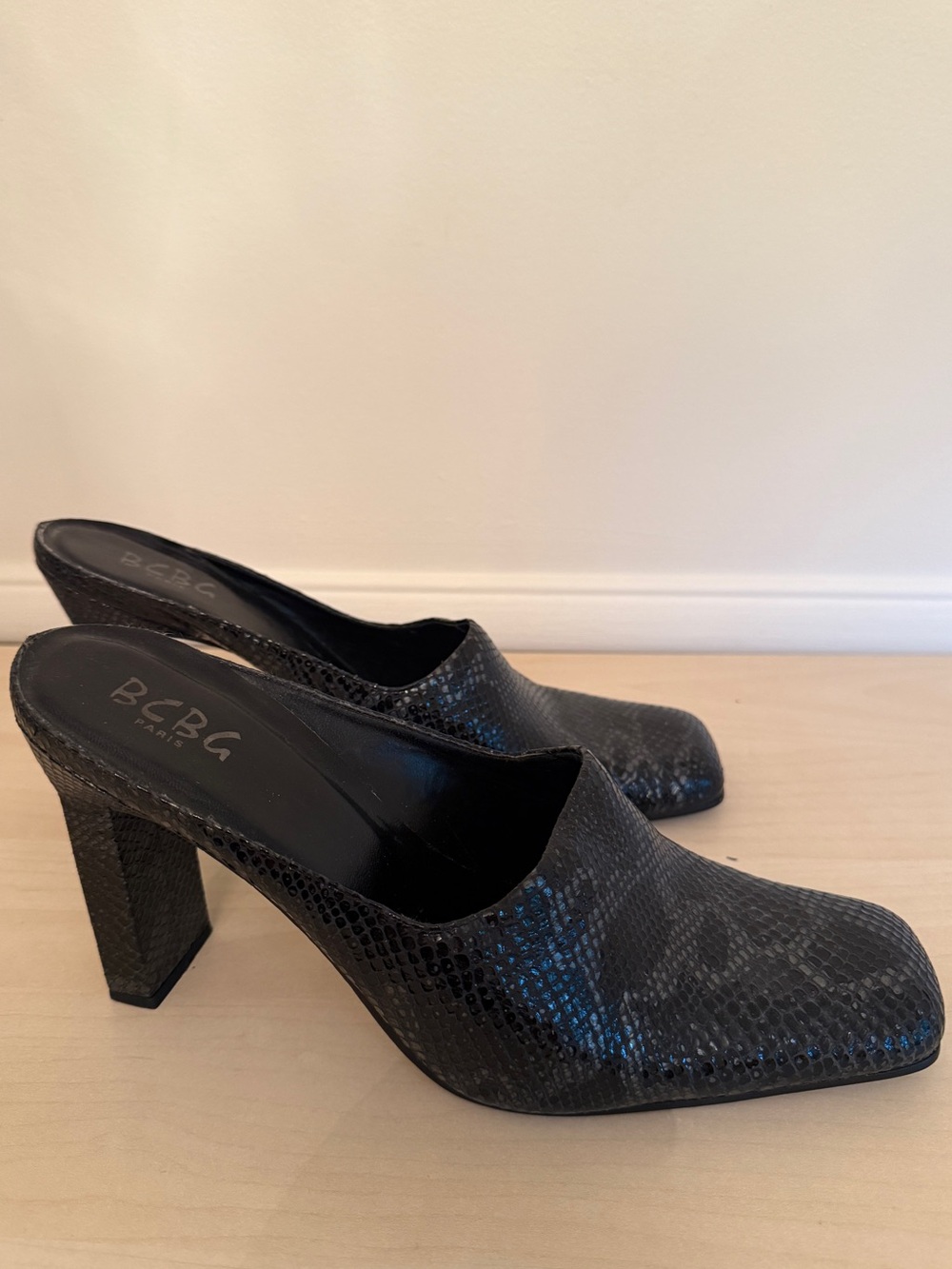 BCBG Black Snake-Embossed Mule Heels
